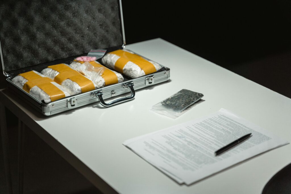 Briefcase with packages and documents on a table, suggesting illegal activity or crime scene investigation.
